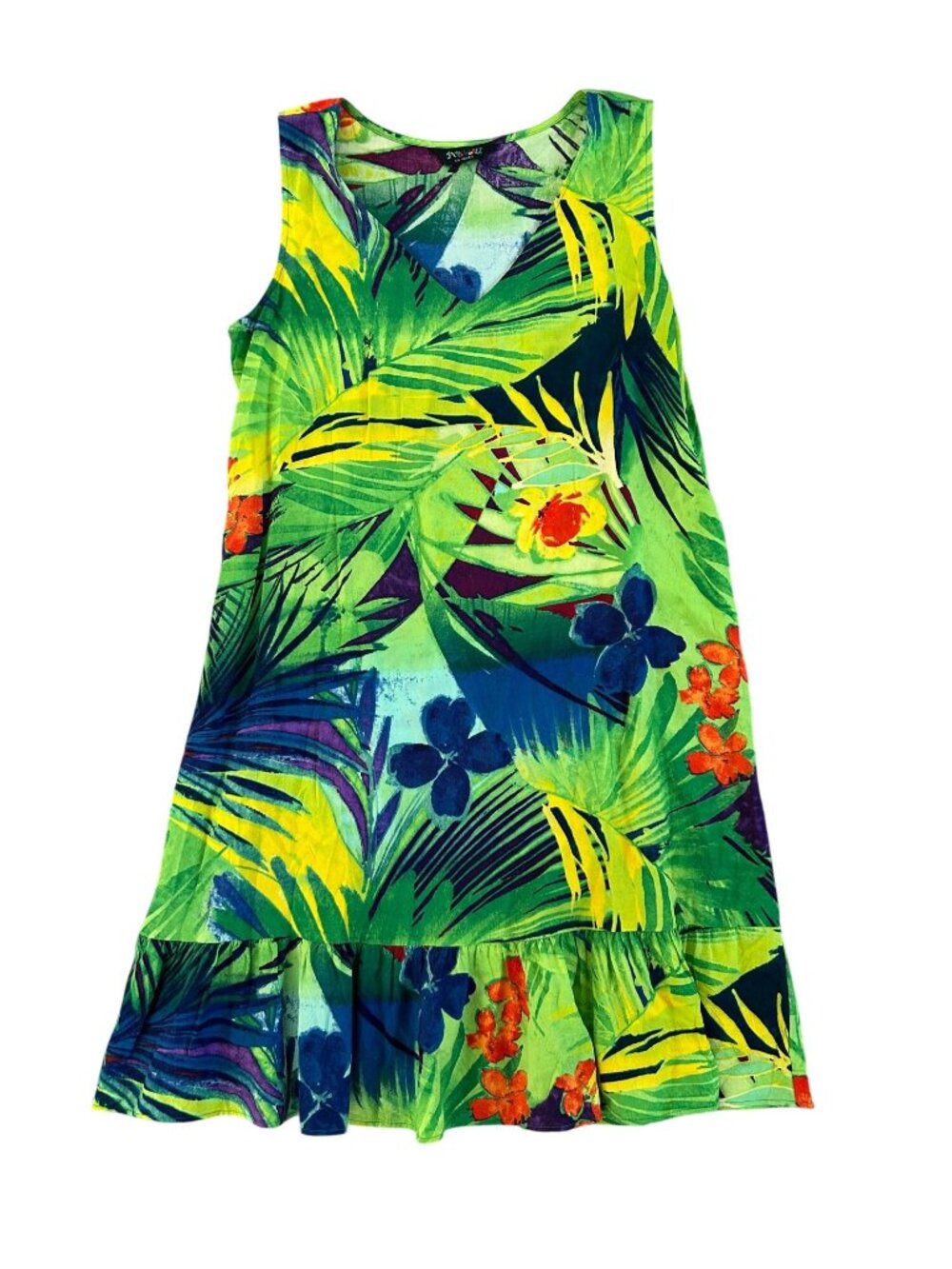 Jams World Women's Sz Medium Sleeveless Dress Jungle Palm Print V-Neck Ruffle